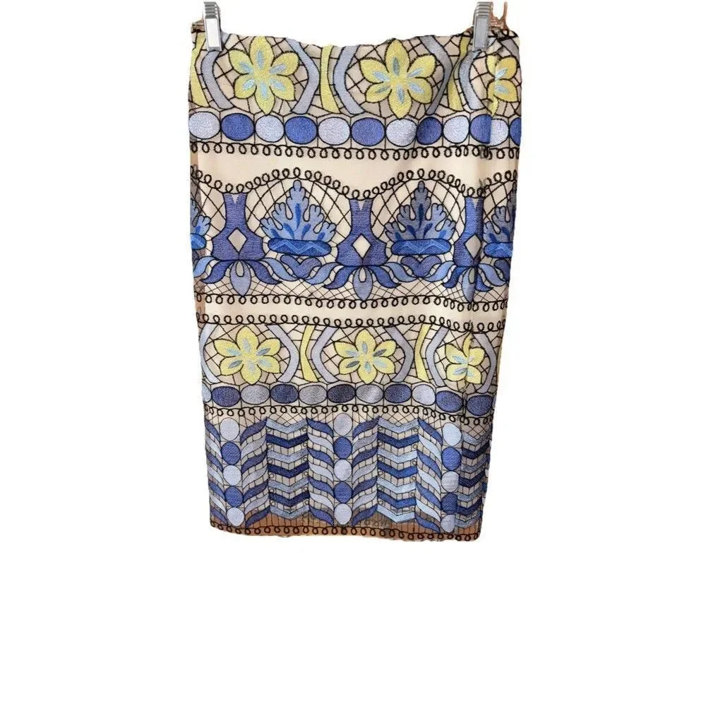 Beige ECI All Over Embroidery Midi Length Skirt 8 Teal Green Floral Lace Lined